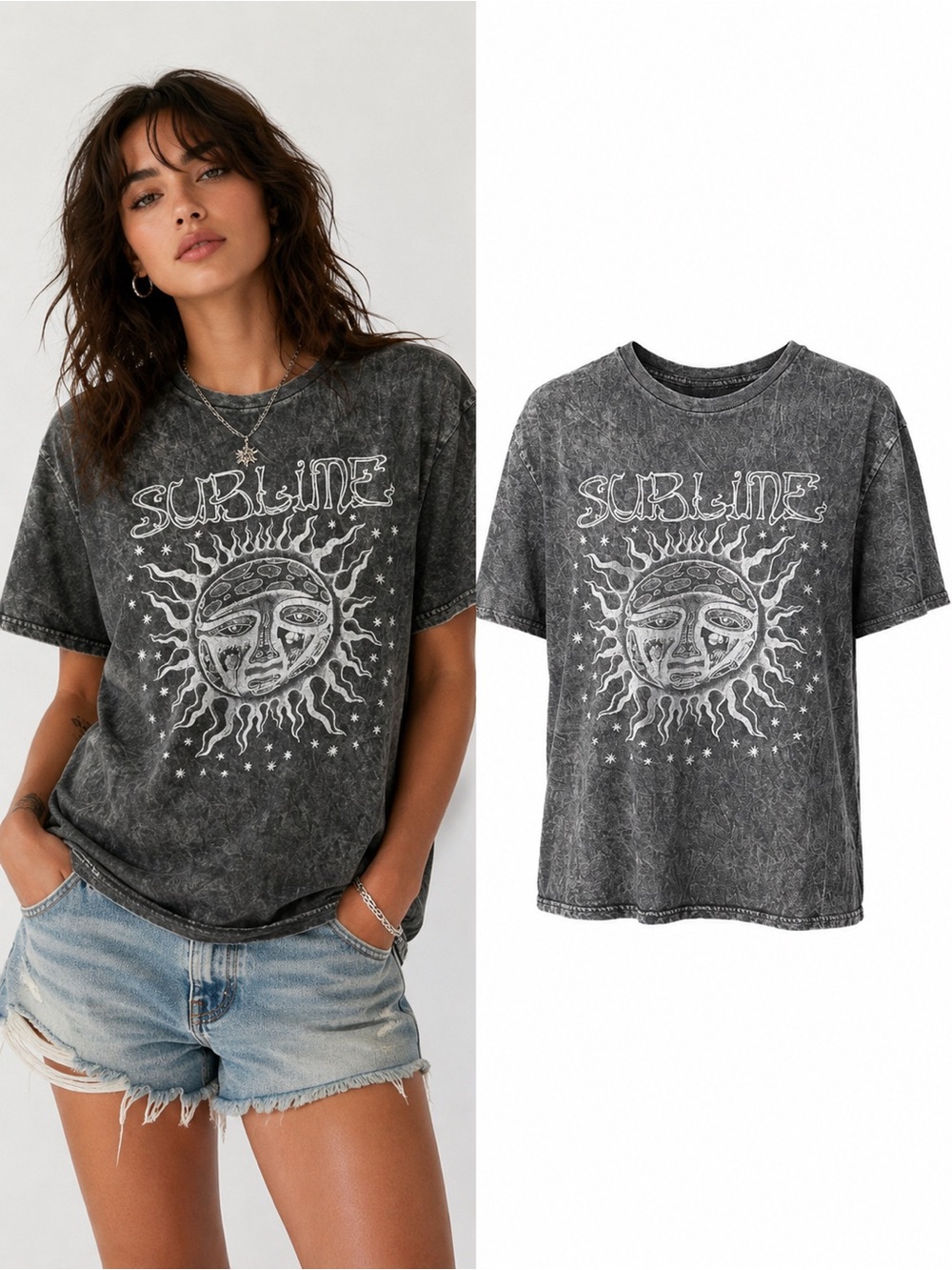 Sublime | Acid Wash Sun Graphic Tee | Vintage Grunge Y2K Celestial Oversized